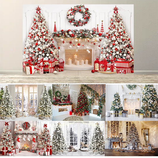 Christmas Fireplace Backdrop White Red Christmas Tree Photography Background Winter Family Party Banner Photo Booth Props