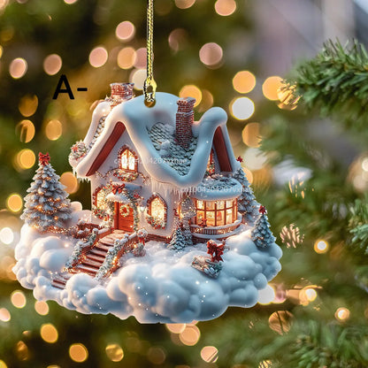 Christmas Acrylic Ornaments Castle Snow House Hanging Pendant Xmas Decoration For Home Christmas Party New Year Gift Navidad
