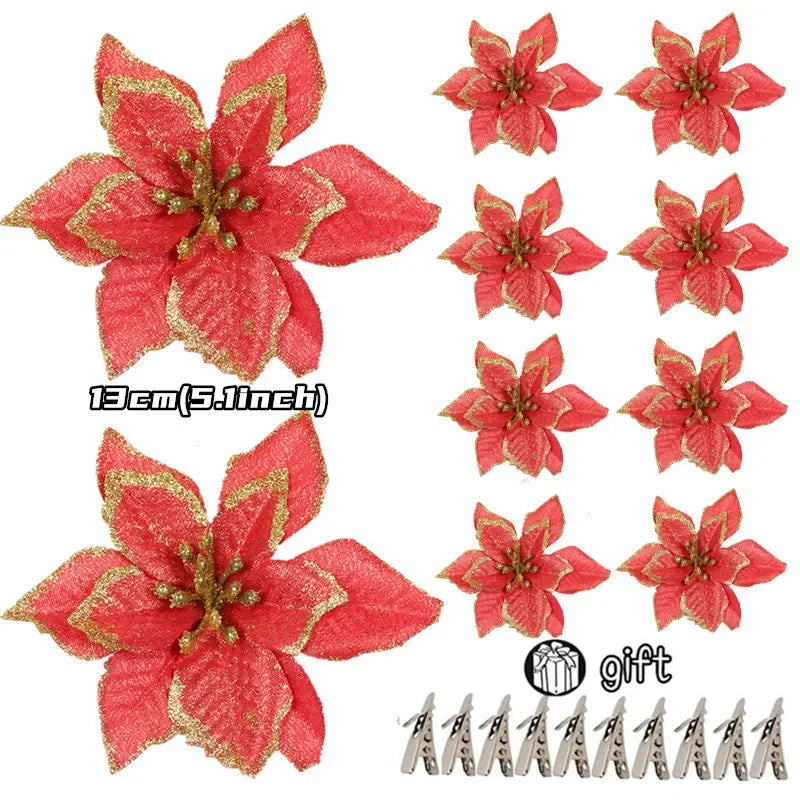 10/5/1pcs 14.5cm Glitter Artifical Christmas Flowers  Christmas Tree Decoration Happy New Year Ornaments Xmas Fake Flowers natal