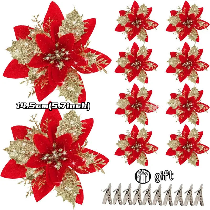 10/5/1pcs 14.5cm Glitter Artifical Christmas Flowers  Christmas Tree Decoration Happy New Year Ornaments Xmas Fake Flowers natal