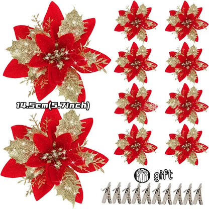10/5/1pcs 14.5cm Glitter Artifical Christmas Flowers  Christmas Tree Decoration Happy New Year Ornaments Xmas Fake Flowers natal