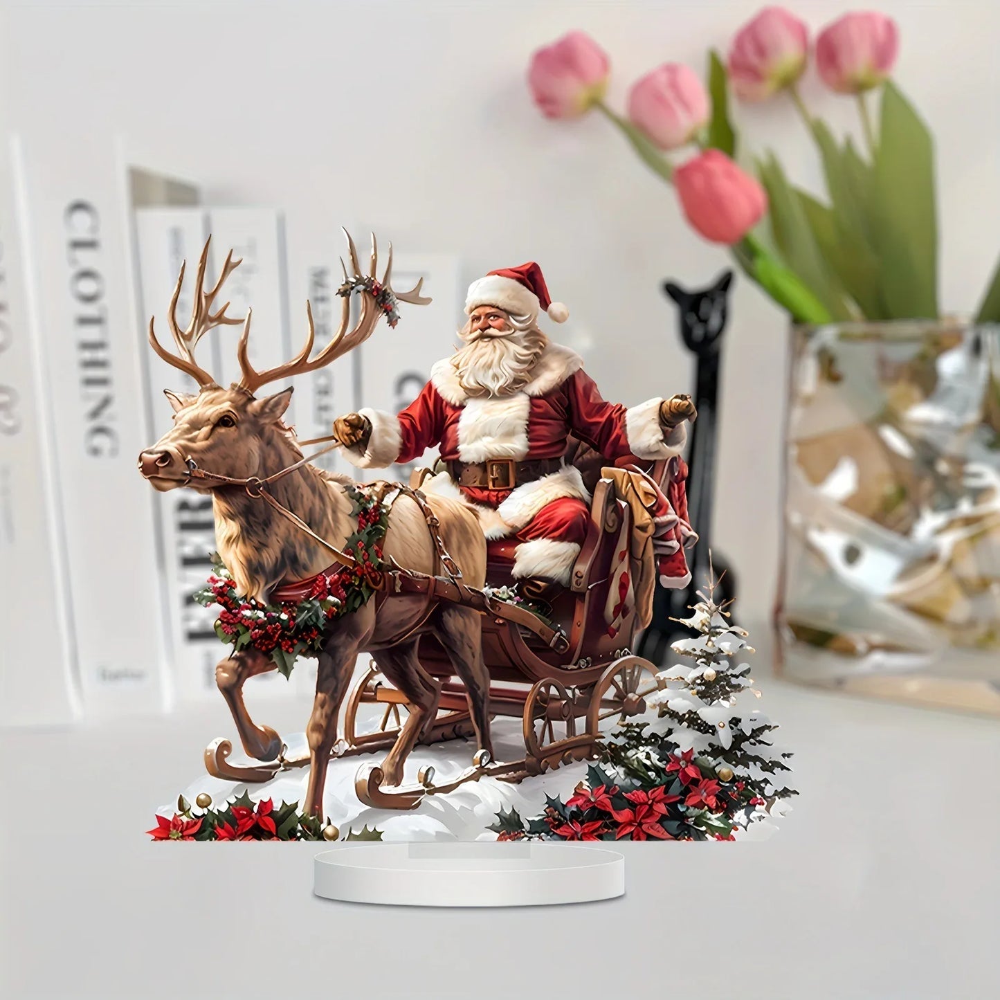 Sleigh Santa Claus Reindeer Sled Tabletop Decoration with Base 2D Acrylic Christmas Ornaments 2025 Xmas Navidad Party Supplies