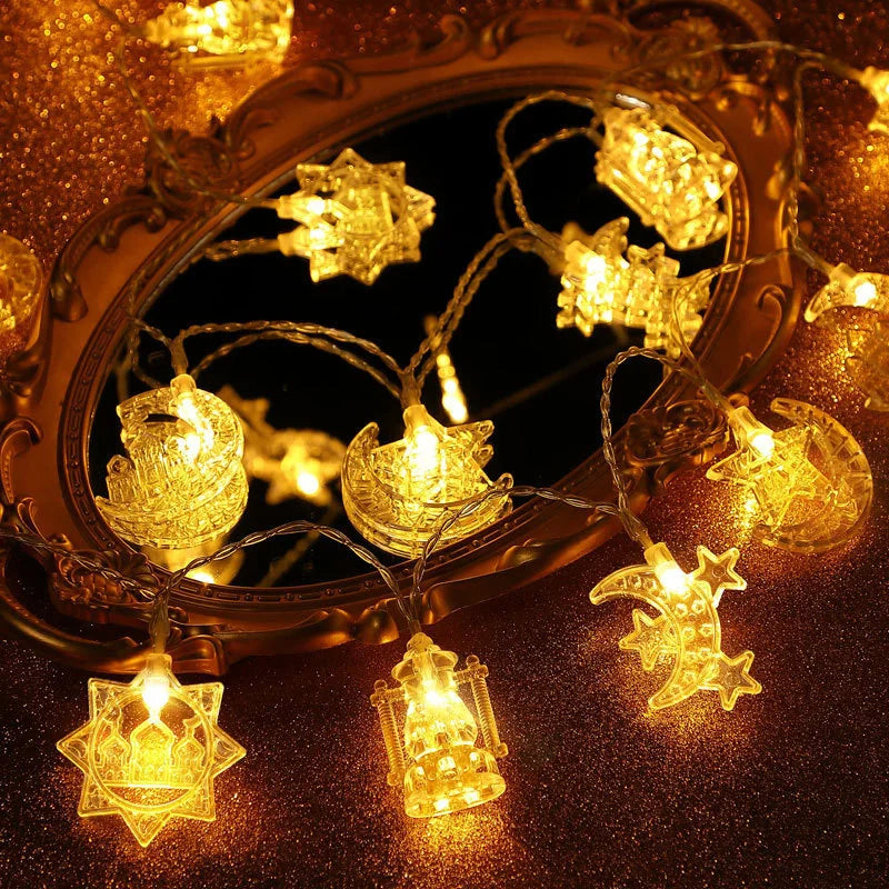 2M 10Lights Eid Mubarak Moon Star Castle Light String Ramadan Kareem Colorful Lights Islamic Muslim Eid Party Decor Lamp String