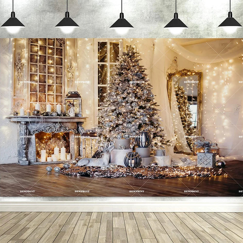 Christmas Fireplace Backdrop White Red Christmas Tree Photography Background Winter Family Party Banner Photo Booth Props