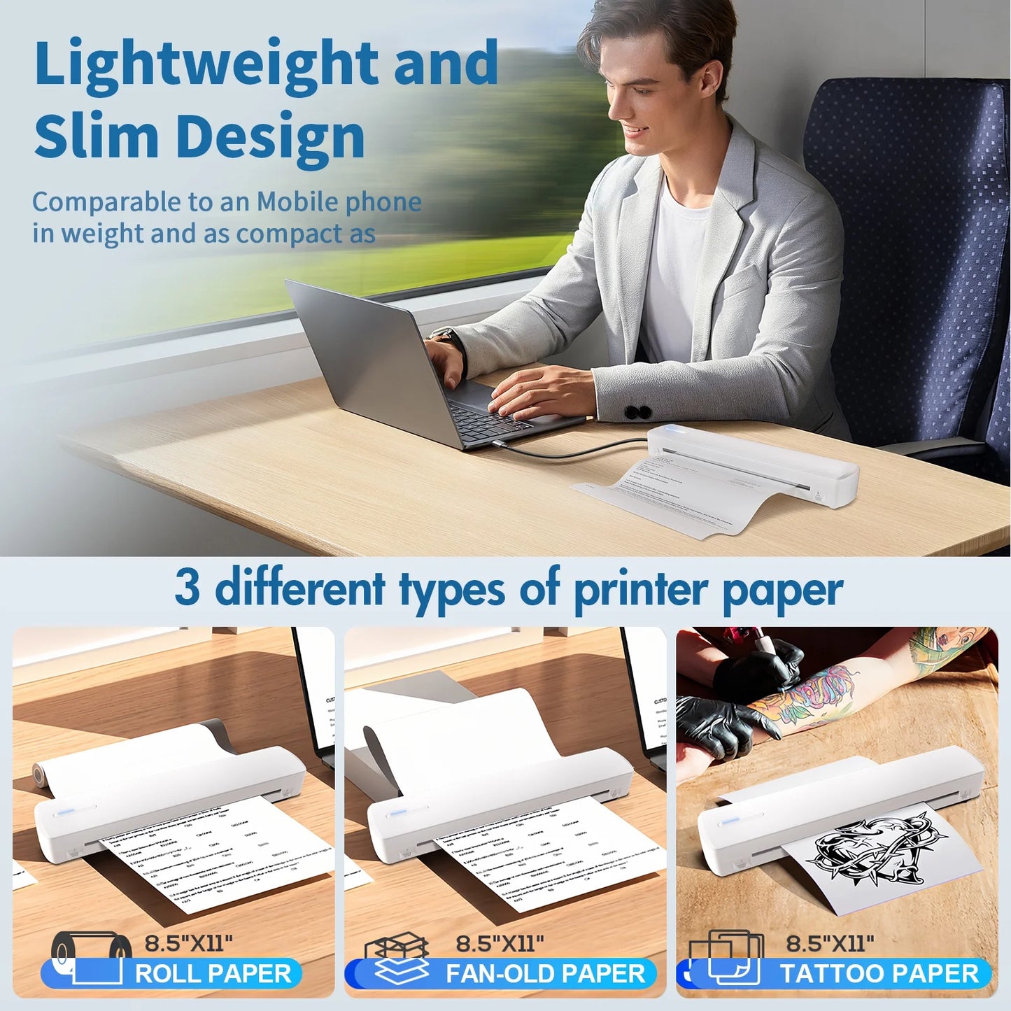 Wireless Printer, A4 Thermal Printer, Monochrome for Travel, Mobile Office School Home, Bluetooth Printer Compatible with Ios and Android, for Phone and Laptop