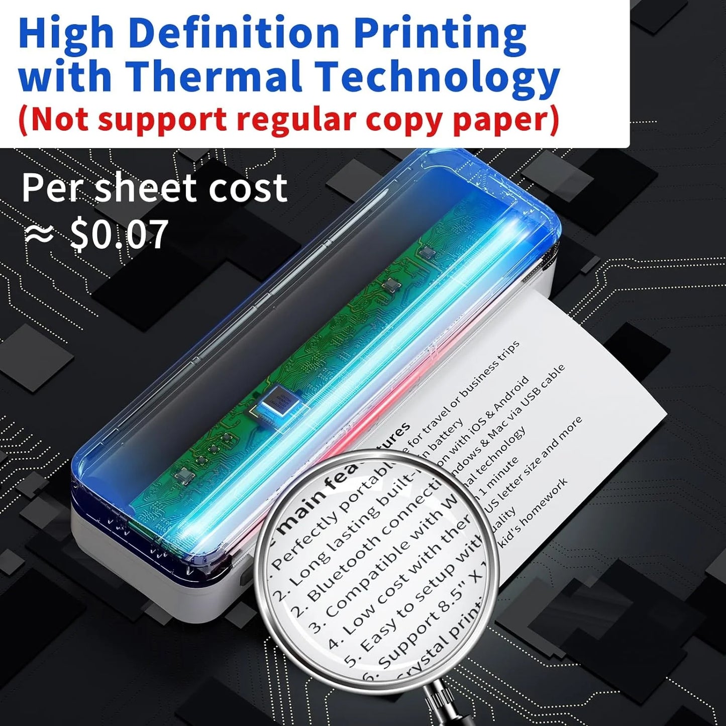 School Supplies Wireless Portable Printer for Travel, Bluetooth Thermal Printer, Compact Inkless Printer Compatible with Android, Ios and Laptop for Office Home, Support 8.5'' X 11'' US Letter