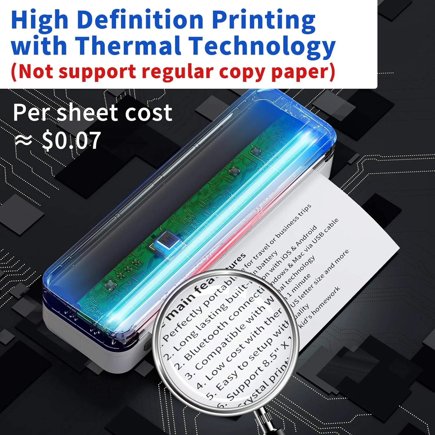 School Supplies Wireless Portable Printer for Travel, Bluetooth Thermal Printer, Compact Inkless Printer Compatible with Android, Ios and Laptop for Office Home, Support 8.5'' X 11'' US Letter