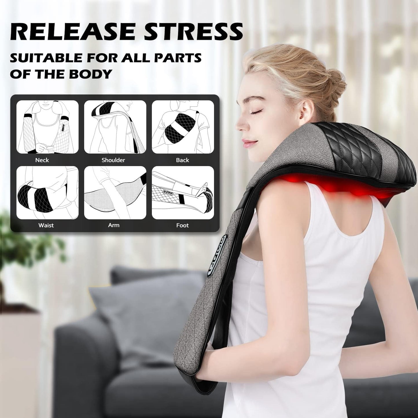 Electric Neck Back Massager Pillow 3D Kneading with Heat for Shoulder,Lower Back