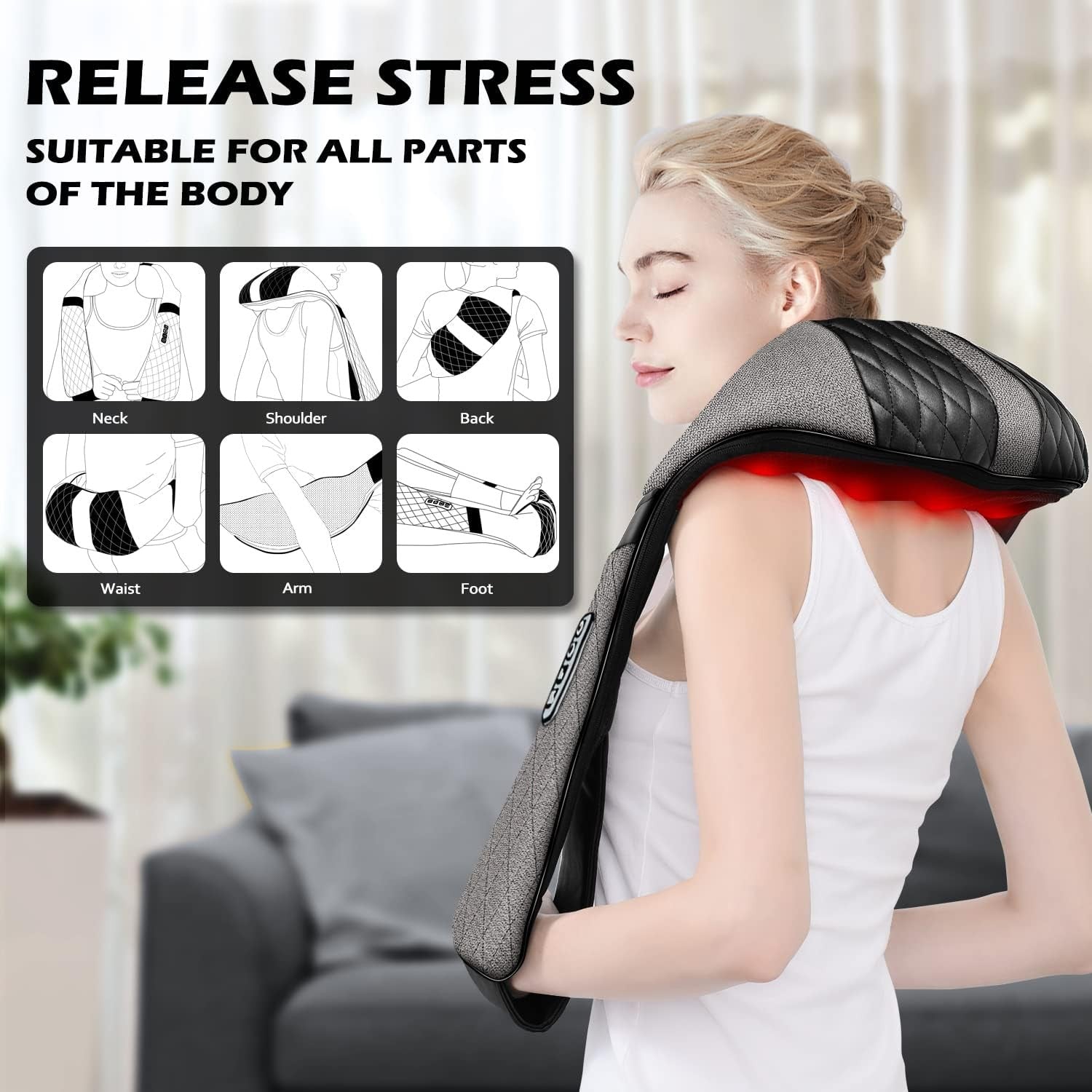Electric Neck Back Massager Pillow 3D Kneading with Heat for Shoulder,Lower Back