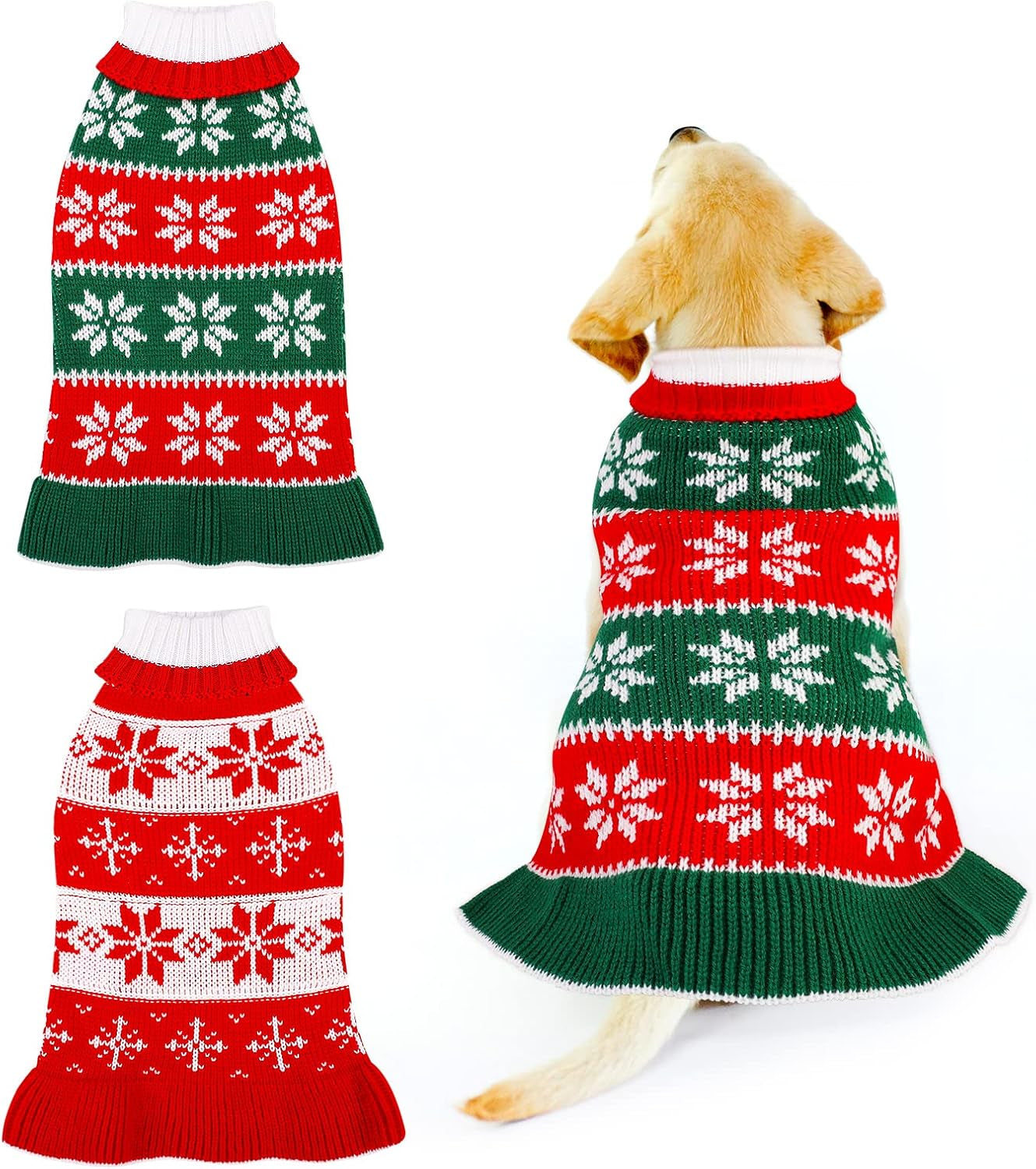 2 Pack Dog Christmas Dress Warm Dog Xmas Sweater Pet Christmas Clothes Stripes Dog Knit Sweater Dress Dog Winter Warm Pullover with Snowflakes and Christmas Flowers (M)