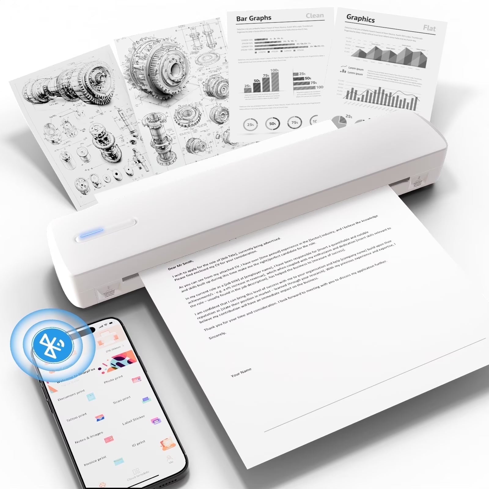 Wireless Printer, A4 Thermal Printer, Monochrome for Travel, Mobile Office School Home, Bluetooth Printer Compatible with Ios and Android, for Phone and Laptop