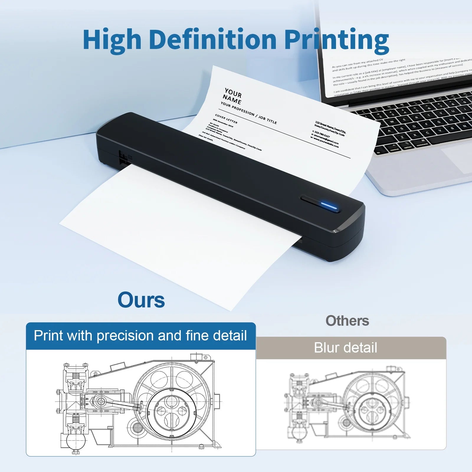 Thermal Printer, Wireless Printer Support US Letter & A4 for Travel, Inkless Portable Compatible with Ios Android Laptop for Home Car Office