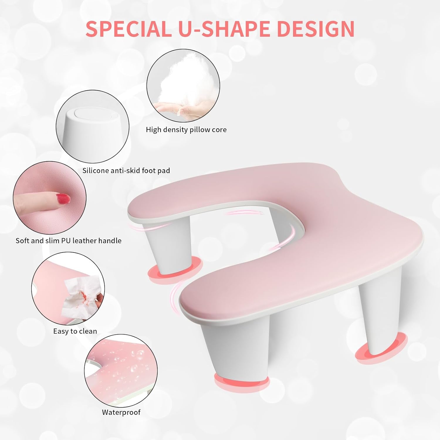 Arm Rest for Nails Tech,U Shaped Soft PU Leather Nail Arm Rest,Ergonomic Slope Angle Hand Rest for Nails Tech,Professional Salon Manicure Arm Rest Cushion., Pink